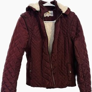 Women's Quilted Burgundy Jacket, Removable Sleeves to Turn to Vest